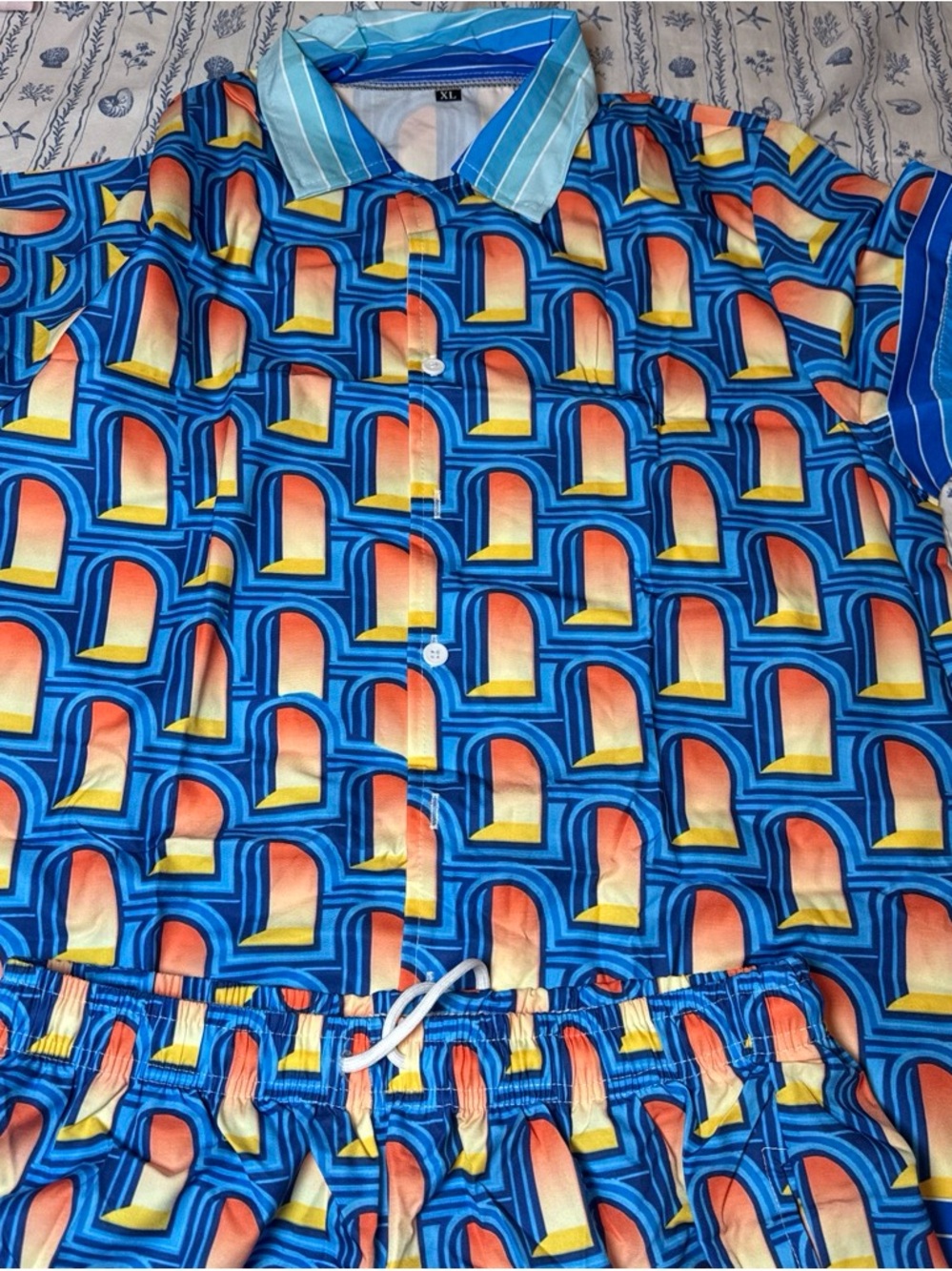 Men's Blue Geometric Window Print Shirt and Shorts Set
